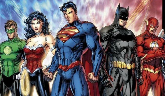 Potential characters for the Justice League film: Green Lantern, Wonder Woman, Superman, Batman and The Flash.