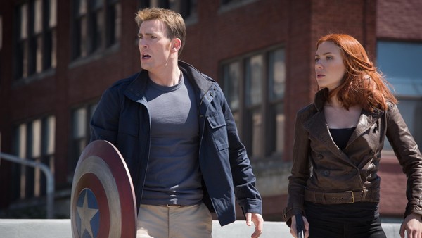 Chris Evans and Scarlett Johannsson team up as Stever Rogers aka Captain American and Natasha Romanoff aka Black Widow in the Marvel movie Captain America The Winter Soldier.